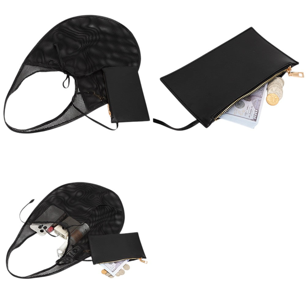 Black Mesh Tote Bag is perfect for carrying all your essentials while also staying stylish. Made with durable and breathable mesh material, it is ideal for beach trips, picnics, and outdoor activities. Its lightweight design and spacious interior make it a must-have accessory for any adventure.