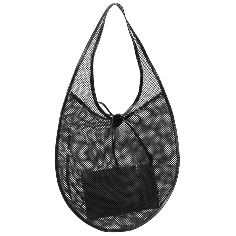 Black Mesh Tote Bag is perfect for carrying all your essentials while also staying stylish. Made with durable and breathable mesh material, it is ideal for beach trips, picnics, and outdoor activities. Its lightweight design and spacious interior make it a must-have accessory for any adventure.