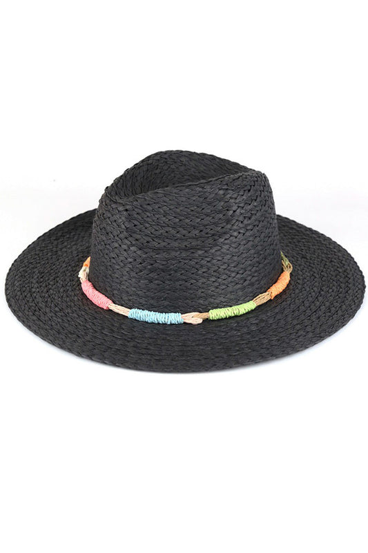 Multi Colors Straw Band Straw Hat - Black - Straw Hat