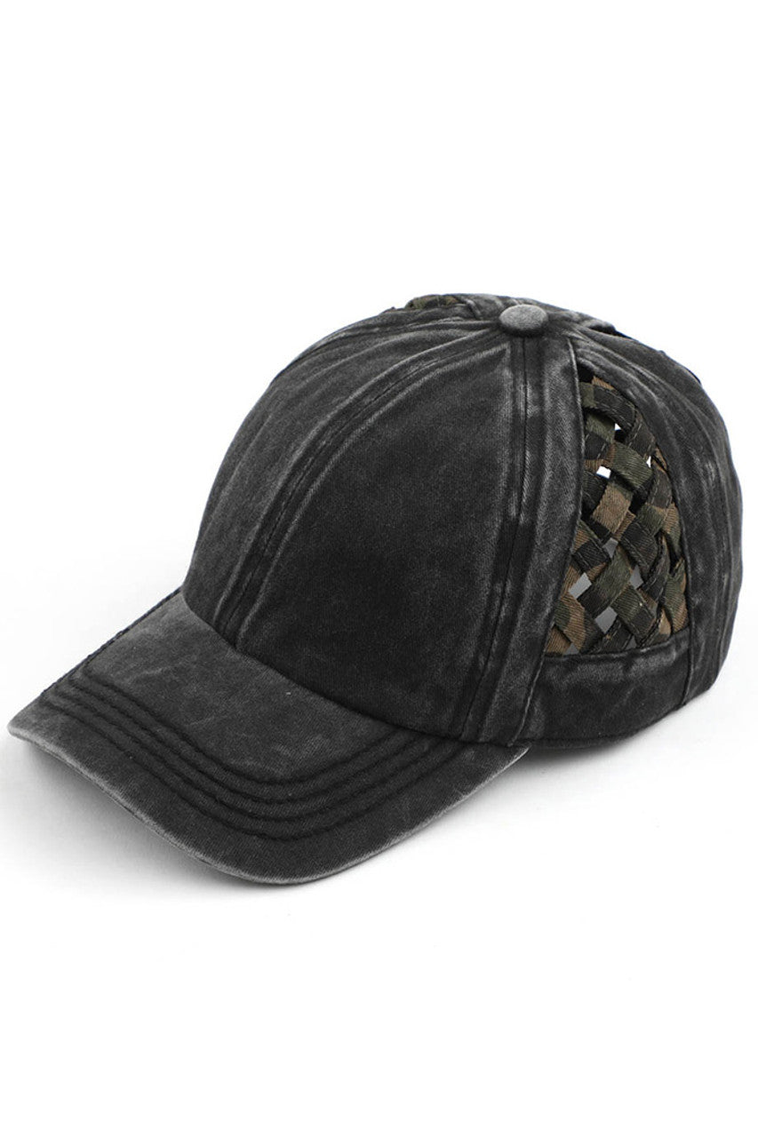 Black-OliveCamo C.C WEAVON BASKET CRISS-CROSS PONYCAP is a stylish and functional accessory for any outfit. Made with high-quality materials, this cap features a unique criss-cross design, providing both style and comfort. Stay protected from the sun while looking your best with this trendy ponycap.