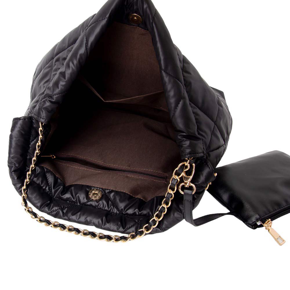 Black Padded Adjustable Metal Strap Shoulder Bag, Carry your everyday items with ease with this bag. It features a padded shoulder strap and adjustable metal buckles, providing comfortable carrying and a secure fit. The strap also features a quick-release buckle for a quick and easy transition to a perfectly adjusted fit.