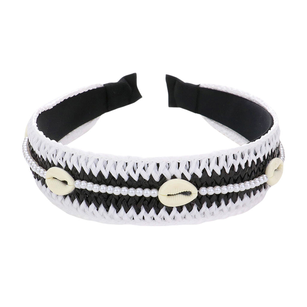 Black Pearl Puka Shell Embellished Woven Straw Headband,  the Pearl Puka shell embellished headband goes perfectly with a t-shirt, summer dress or work clothes, beach party, and many more. Perfect for everyday wear, outdoor festivals, and many more. A great gift item for this spring and summer season.