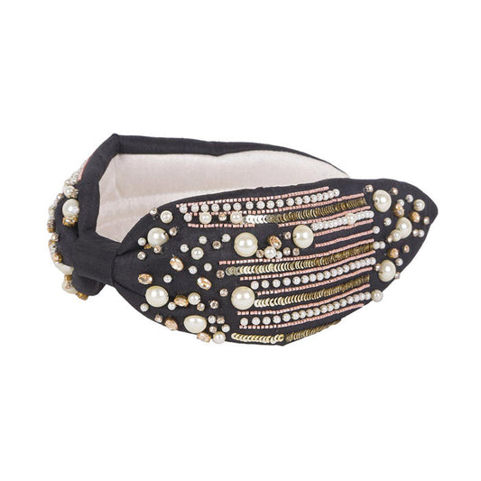 Pearl Sequin Bead Embellished Headband - Black - Headbands