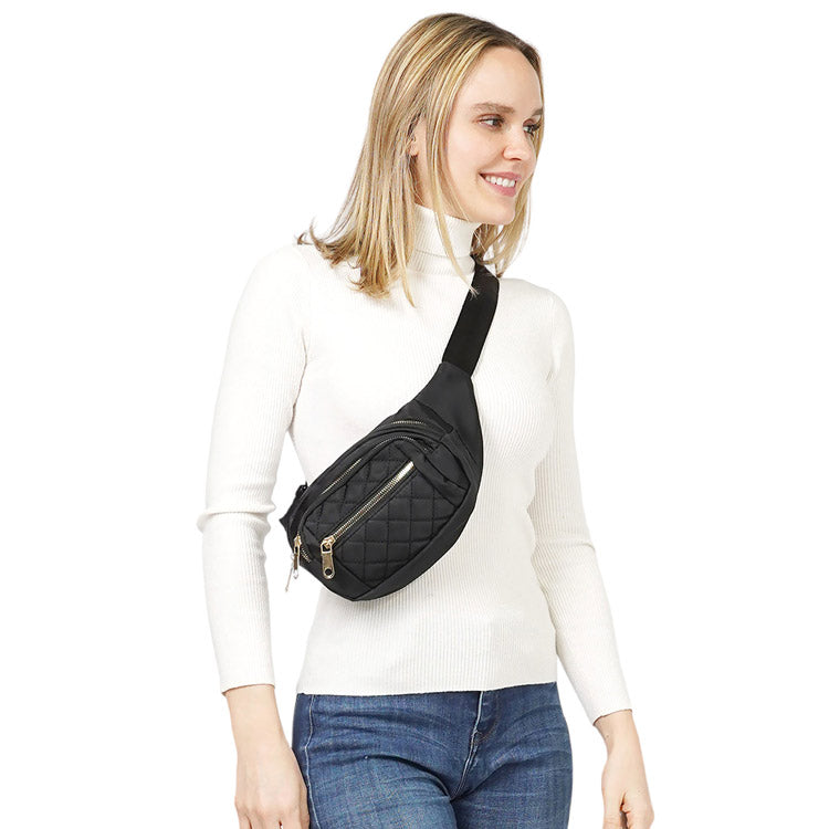Black Quilted Multi Pocket Sling Bag Fanny Pack Belt Bag, be the ultimate fashionista when carrying this pocket sling bag fanny pack belt bag in style. This fanny pack for women could keep all documents, phones, Travel, Money, Cards, keys, etc. It can be thrown over the shoulder, across the chest around the waist.