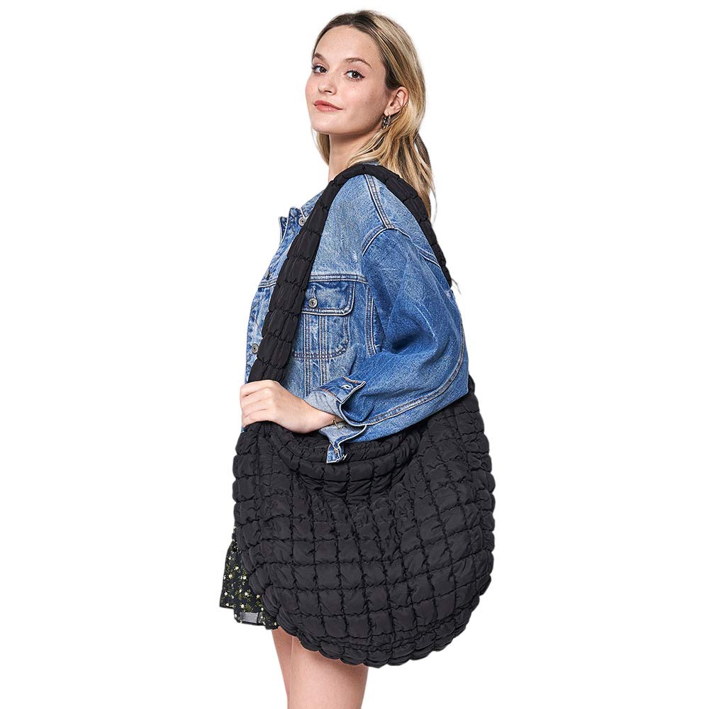 Black Quilted Puffer Shoulder Crossbody Bag, Stay warm and stylish with this bag. Made of durable material, it is insulated to keep you cozy in the coldest conditions. The shoulder straps make it comfortable and convenient to carry, so you can bring everything you need with ease. Perfect for gifting on every occasion.