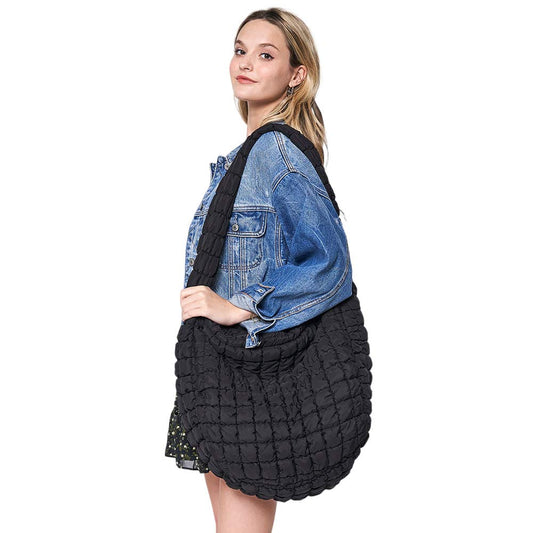 Black Quilted Puffer Shoulder Crossbody Bag, Stay warm and stylish with this bag. Made of durable material, it is insulated to keep you cozy in the coldest conditions. The shoulder straps make it comfortable and convenient to carry, so you can bring everything you need with ease. Perfect for gifting on every occasion.