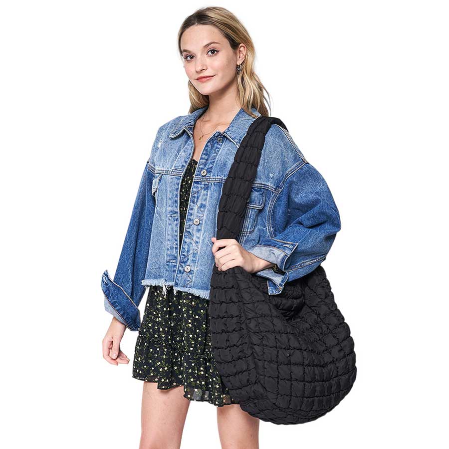 Black Quilted Puffer Shoulder Crossbody Bag, Stay warm and stylish with this bag. Made of durable material, it is insulated to keep you cozy in the coldest conditions. The shoulder straps make it comfortable and convenient to carry, so you can bring everything you need with ease. Perfect for gifting on every occasion.