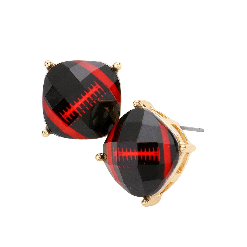 Black Red Game Day Football Cushion Square Stud Earrings, are beautifully crafted with a plated brass base and coated in a clear enamel finish. Perfect gift for sports lovers, these stylish Game Day Football Cushion Square Stud Earrings are sure to make a statement. Perfect for football match day, Beach Party, and Party Earrings
