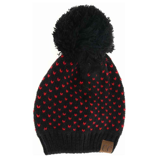 Black red C.C Heart Pattern Knit Pom Beanie Hat, before running out the door into the cool air, you’ll want to reach for this toasty beanie to keep you incredibly warm. Awesome winter gift accessory! Perfect Gift Birthday, Christmas, Stocking Stuffer, Secret Santa, Holiday, Anniversary, Valentine's Day, Loved One.