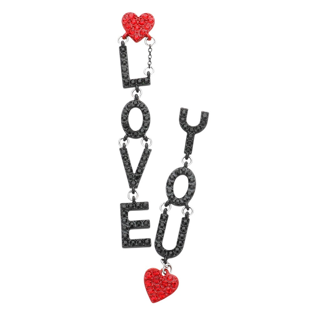 Black Red OVE YOU Rhinestone Embellished Heart Message Mismatched Dangle Earrings are the perfect way to add a touch of romance and glamour to any outfit. Crafted with high-quality materials, these earrings feature rhinestone embellishments and a mismatched design that adds a unique twist. Show your love in style with these statement earrings.