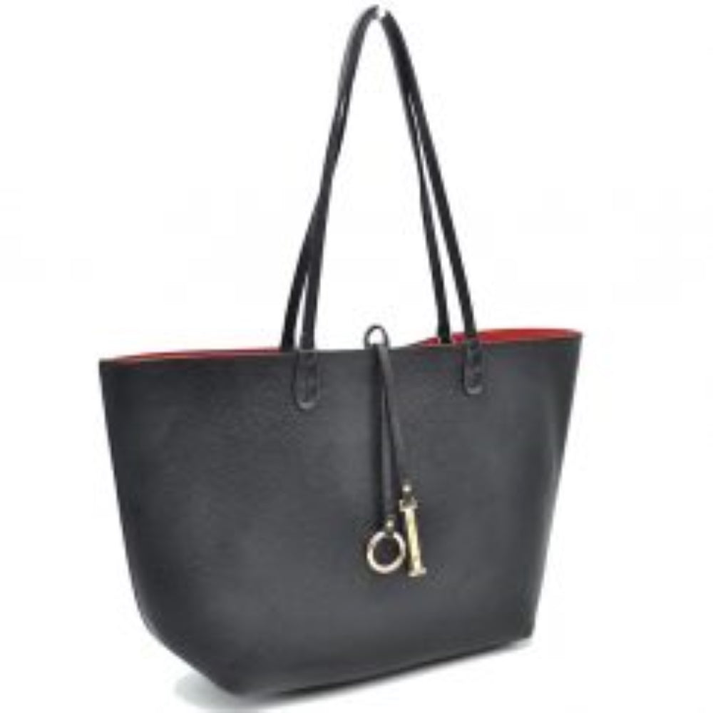Black-Red This classic tote bag features a smooth exterior finish with a timeless trapeze silhouette, offering an elegant look for everyday use. Designed with an open top for quick access, the spacious main compartment provides ample storage space for daily essentials. Dual slim shoulder handles are securely stitched to the upper panels, while a decorative central drawstring tie accents the front, complete with a metallic ring and matching tab accent for a polished touch.