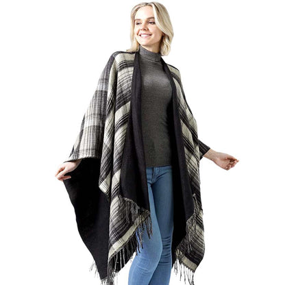 Black Reversible Plaid Check Patterned Tassel Cape Poncho, with the latest trend in ladies' outfit cover-up! the high-quality knit poncho is soft, comfortable, and warm but lightweight. It's perfect for your daily, casual, evening, vacation, and other special events outfits. A fantastic gift for your friends or family.