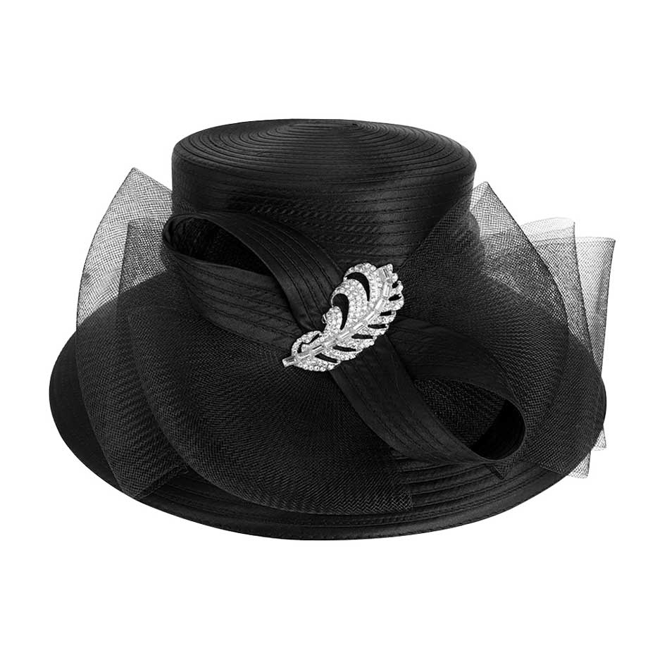 Rhinestone Embellished Feather Accented Mesh Bow Dressy Hat - Black - Dressy Hats