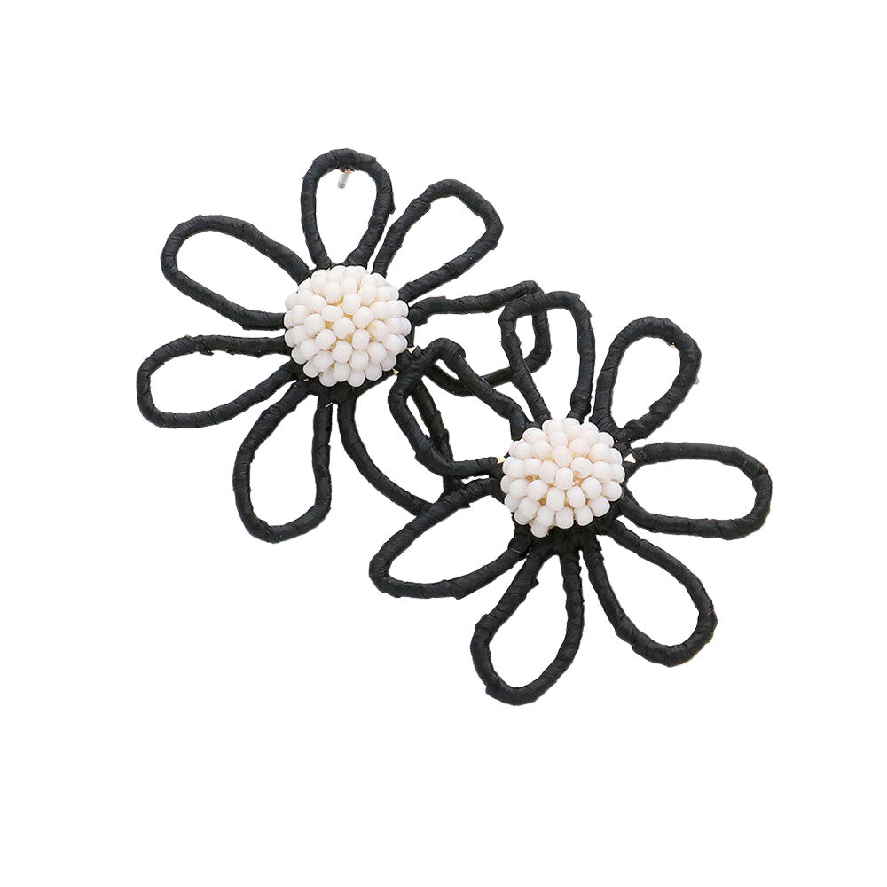 Black Seed Beaded Raffia Wrapped Flower Earrings, turn your ears into a chic fashion statement with these raffia-wrapped flower earrings! These raffia-wrapped flower earrings are very lightweight and comfortable, you can wear these for a long time on the occasion. The beautifully crafted design adds a gorgeous glow to any outfit.