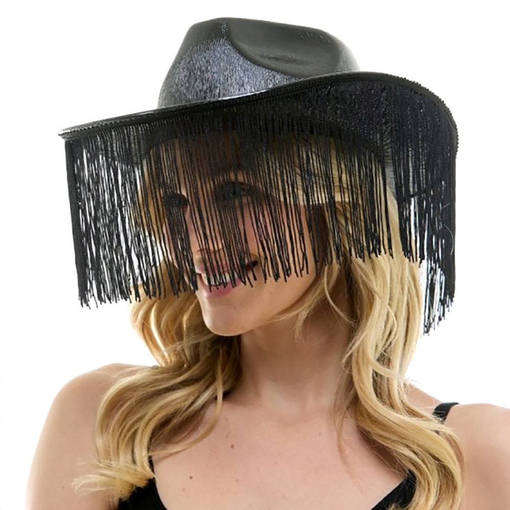 Black-Shiny Western Cowboy Hat with Fringe is the perfect accessory for any Western-themed event. Made with high-quality materials, this hat features a classic cowboy design with a touch of modern shine. Stay on trend and make a statement with this stylish and durable hat.