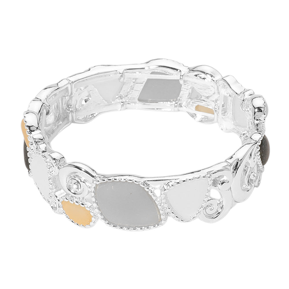 Black Silver Sea Glass Pebble Stretch Bracelet is expertly crafted with genuine sea glass pebbles for a unique and natural look. The stretch design ensures a comfortable and secure fit. Elevate your style with this one-of-a-kind piece of jewelry.