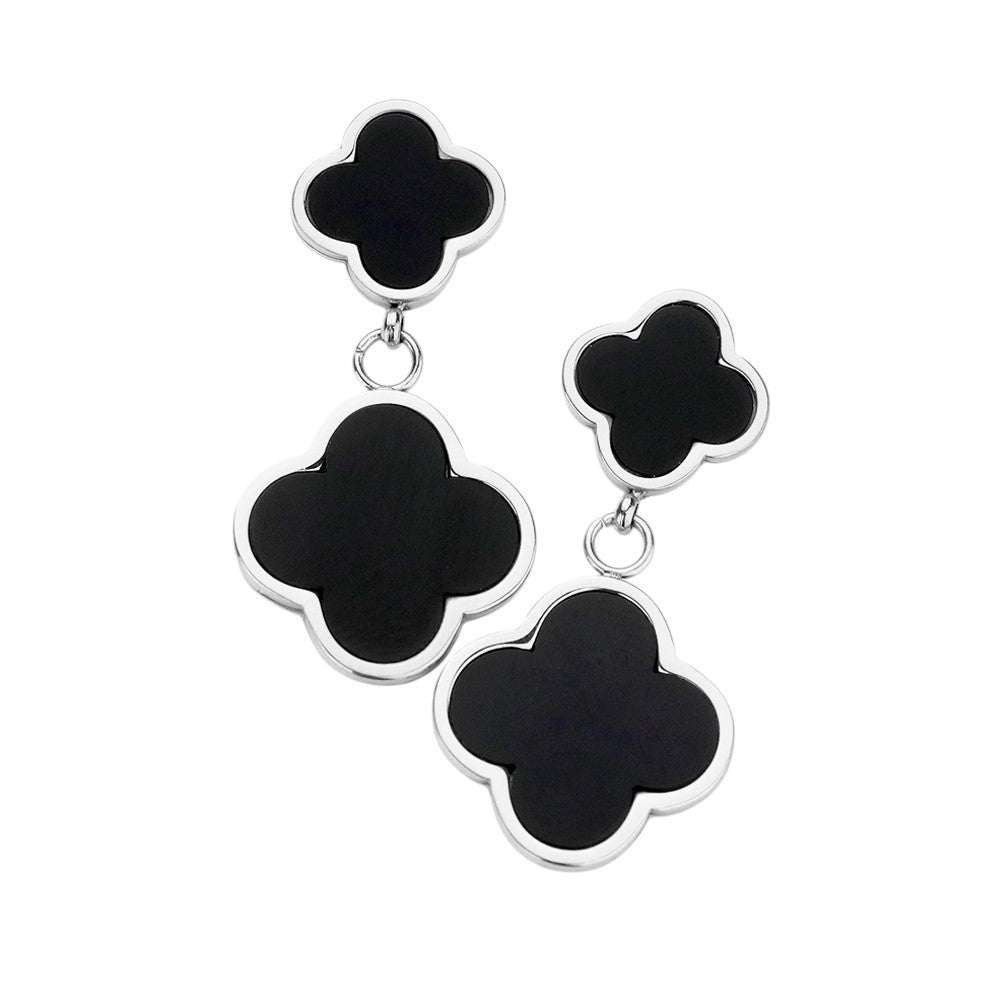 Black Silver stainless steel quatrefoil link dangle earrings offer a sleek and modern style. Made with high-quality stainless steel, they are durable and resistant to tarnishing, ensuring long-lasting wear. The unique quatrefoil design adds a touch of sophistication to any outfit. A must-have addition to your jewelry collection.