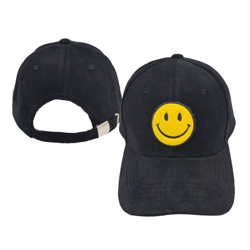 Black Smile Pointed Corduroy Baseball Cap, is an essential for any fashionista's wardrobe. Its soft corduroy texture and adjustable fit add a comfortable style for any occasion. Perfect for everyday wear or a night out, this cap is sure to make any outfit pop. A perfect gift for your friends and family.