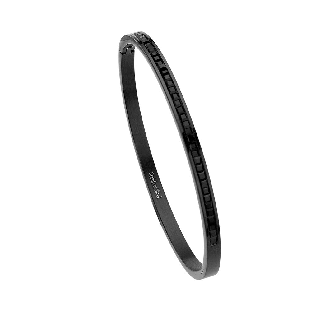 Black Stainless Steel Rhinestone Paved Hinged Bangle Bracelet is durable and stylish for any occasion. Featuring a sleek stainless steel design and sparkling rhinestone accents, this hinged bangle is perfect for adding a touch of elegance to any outfit. With its sturdy construction and eye-catching design, this bracelet is a must-have for any fashion-forward individual.