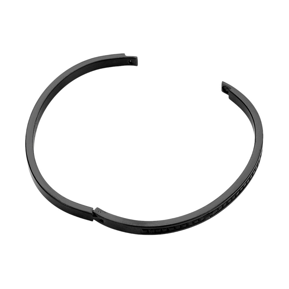 Black Stainless Steel Rhinestone Paved Hinged Bangle Bracelet is durable and stylish for any occasion. Featuring a sleek stainless steel design and sparkling rhinestone accents, this hinged bangle is perfect for adding a touch of elegance to any outfit. With its sturdy construction and eye-catching design, this bracelet is a must-have for any fashion-forward individual.