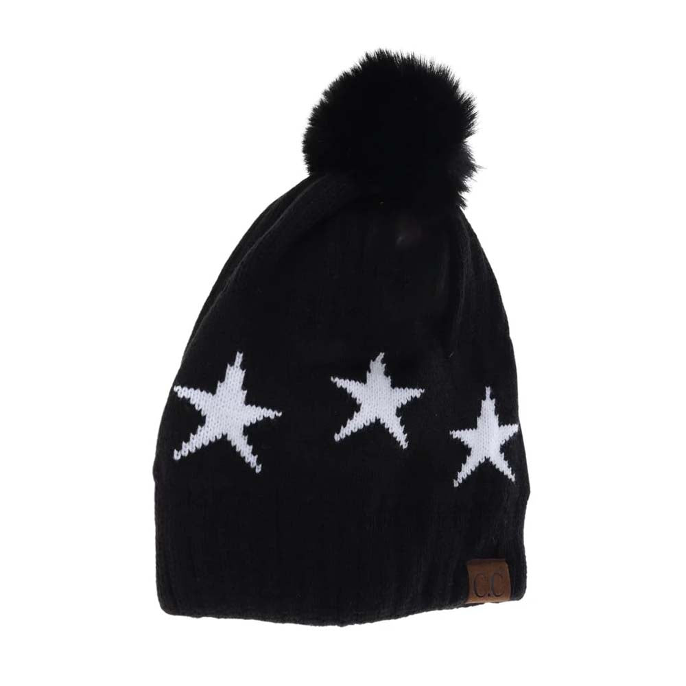 Black Star Print Pom C.C Beanie combines style and warmth with its soft, cozy fabric and eye-catching star pattern. Designed for comfort and durability, it features a playful pom pom that adds a touch of charm while keeping you snug during chilly days. Perfect for everyday wear, this beanie offers reliable insulation without sacrificing fashion. 