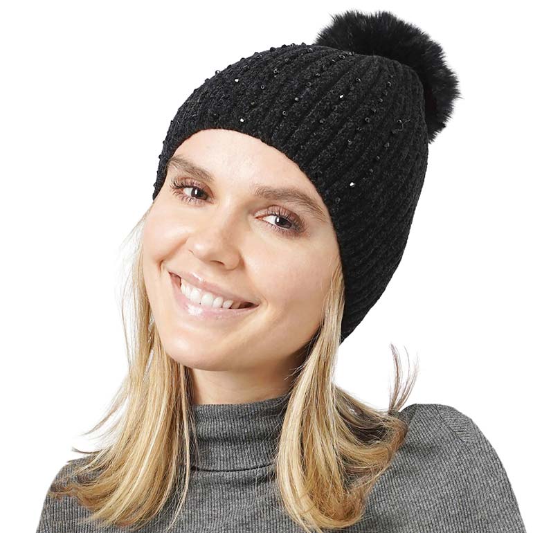 Black Stone Embellished Chenille Pom Pom Beanie Hat, wear this beautiful beanie hat with any ensemble for the perfect finish before running out the door into the cool air. An awesome winter gift accessory and the perfect gift item for Birthdays, Christmas, Stocking stuffers, holidays, anniversaries, Valentine's Day, etc.