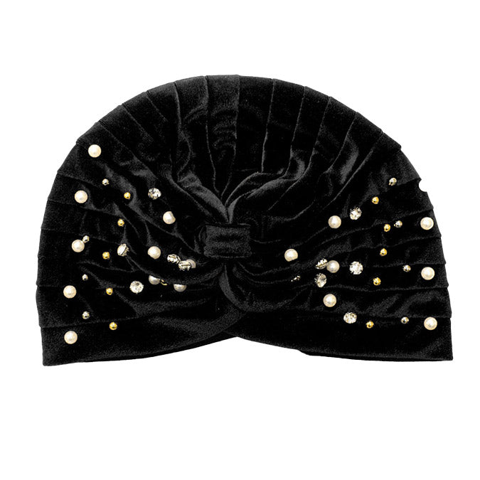 Stone Pearl Detailed Pleated Turban Beanie Hat - Black - Beanies
