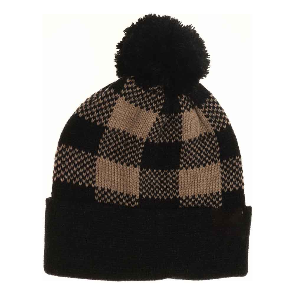 Black-Taupe.- BABY Buffalo Plaid Pom Beanie combines classic style with cozy warmth, featuring a timeless buffalo plaid pattern perfect for infants. Crafted from soft, breathable materials, it ensures gentle comfort on delicate skin while providing essential protection against chilly weather. The playful pom detail adds a charming touch, making it an ideal accessory for everyday wear or outdoor adventures during colder months. 