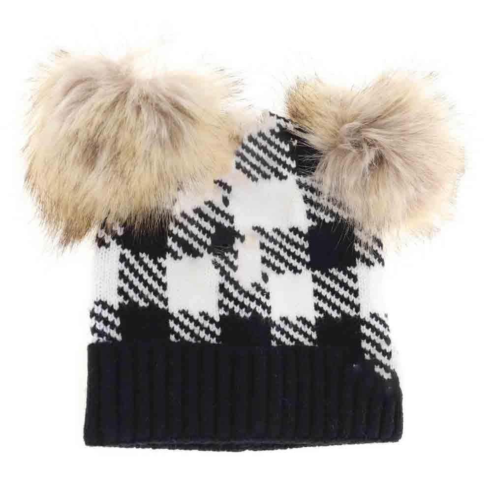 Black-White- BABY Buffalo Check Double Pom C.C Beanie offers expert design tailored for infants, combining warmth and classic style. Featuring a soft, durable fabric with a distinctive buffalo check pattern, this beanie includes two charming pom-poms for a playful yet refined look. Its comfortable, secure fit protects delicate skin from cold weather, making it a practical and stylish choice for babies during cooler seasons. 