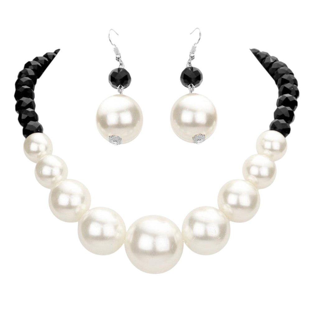 Faceted Beaded Chunky Pearl Necklace - Black White - Necklace