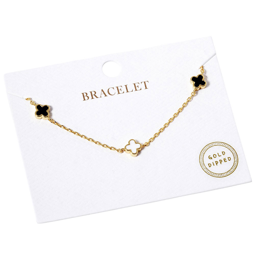 Black White Gold Dipped Triple Quatrefoil Link Bracelet, is the perfect accessory for any outfit. Crafted using gold-dipped materials, it is lightweight, durable, and will not tarnish. A triple Quatrefoil Link design adds interest and style to any look. This beautiful bracelet can be a nice gift to your loved ones on any occasion.