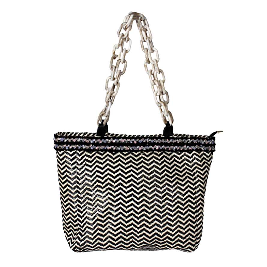 Black Zigzag Chevron Patterned Celluloid Acetate Straw Tote Bag, this straw tote bag is versatile enough for wearing through the week, simple and leisurely, elegant and fashionable, suitable for women of all ages, and ultra-lightweight to carry around all day. 