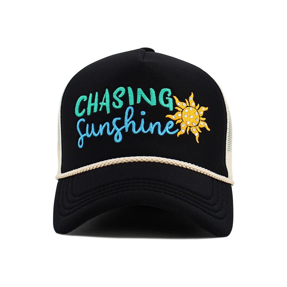 Black stone Soak up warm-weather style with this CHASING SUNSHINE embroidered foam trucker hat, featuring a charming stone sun detail and breathable string mesh back. Lightweight and comfortable, it’s perfect for beach trips, road adventures, and everyday summer wear.