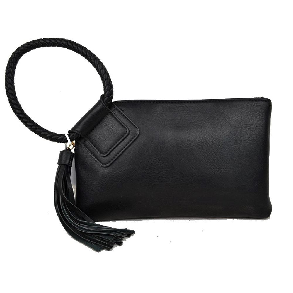 Black This compact clutch features a clean, rectangular design with a textured surface, making it an elegant choice for everyday use. The main zippered storage compartment along the top edge keeps daily essentials securely enclosed. For carrying convenience, the piece is designed with a distinctive circular braided wrist strap attached to a stitched square accent panel. A long, hanging tassel ornament completes the look, adding a flowing decorative element to this practical handbag.