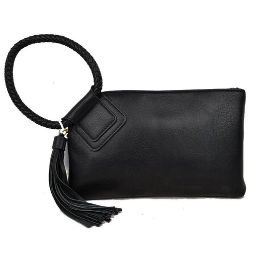 Black This compact clutch features a clean, rectangular design with a textured surface, making it an elegant choice for everyday use. The main zippered storage compartment along the top edge keeps daily essentials securely enclosed. For carrying convenience, the piece is designed with a distinctive circular braided wrist strap attached to a stitched square accent panel. A long, hanging tassel ornament completes the look, adding a flowing decorative element to this practical handbag.