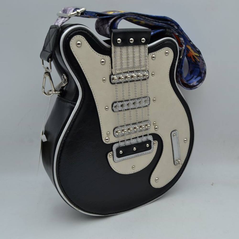 Black This unique novelty handbag features a structured silhouette designed to look like an electric guitar, making it an exceptional statement piece for music lovers. The prominent front panel showcases a color-blocked black and off-white design detailed with polished metallic studs, faux pickups, and delicate hanging chain links that mimic classic guitar strings. Equipped with a secure top zipper closure to keep your essentials safe