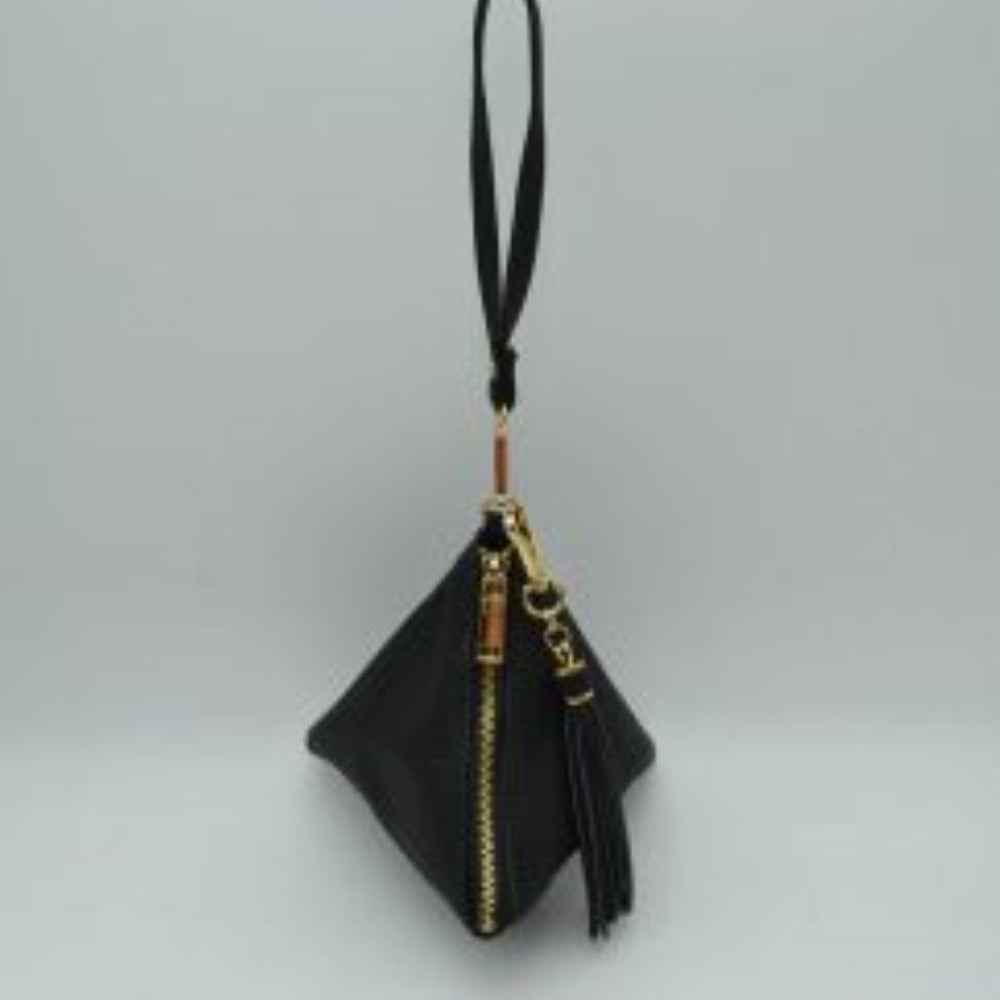 Black This unique handbag features a distinctive pyramid-shaped design that creates a geometric silhouette perfect for statement-making everyday use. The main storage compartment is accessed via a prominent, secure vertical zipper equipped with a large metallic pull tab. For easy carrying convenience, the bag is outfitted with a slender top wristlet loop and a matching hanging tassel accent attached securely to the top hardware hook, blending modern design with functional portability.