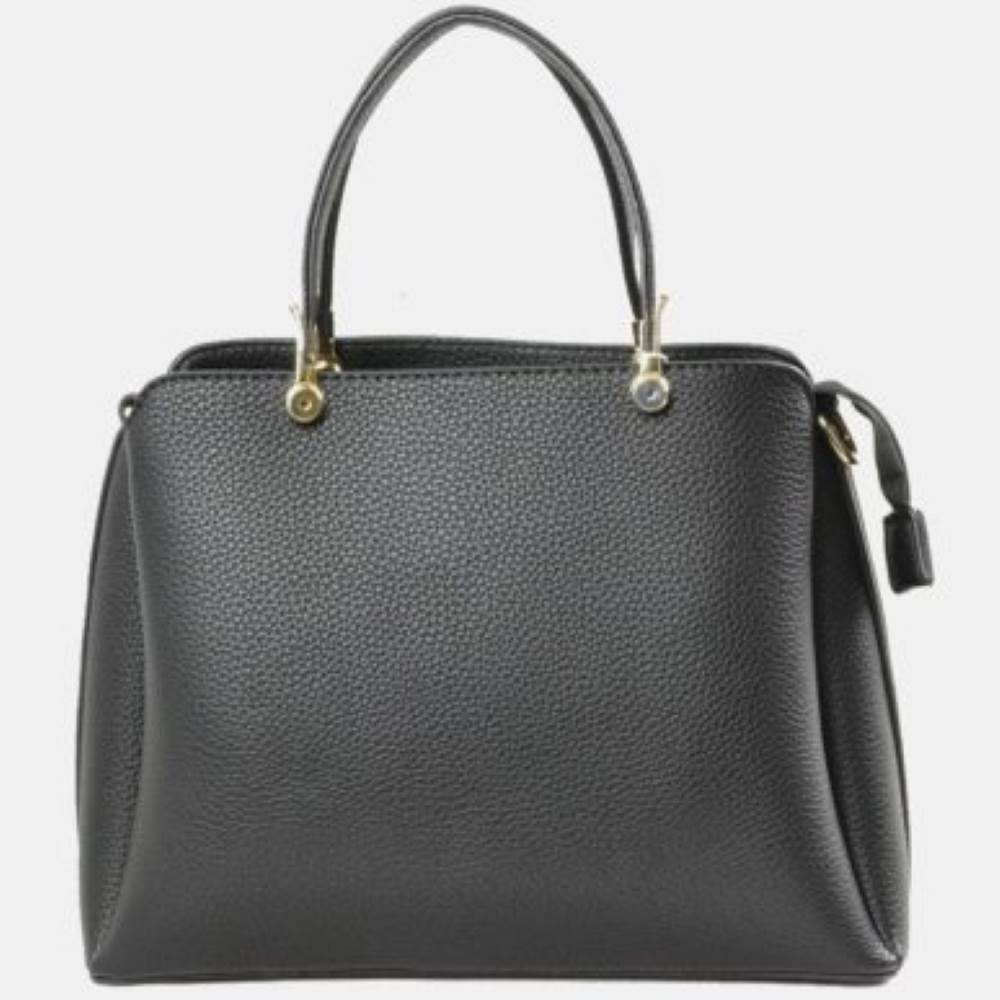 Black This structured handbag is designed for everyday use, featuring dual arched top handles attached with round metallic hardware. The design includes multiple storage compartments to organize your belongings, featuring a central zippered closure alongside separate side compartments.