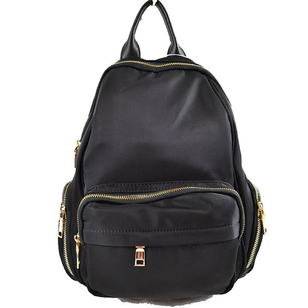 Black This practical backpack features a smooth, streamlined exterior designed for active everyday use. It offers ample storage compartments, including a spacious main section with a top curved zipper and a prominent front zippered pouch accented by a small metallic square detail. For added organization, matching zippered side pockets line the lower edges of the bag. The design is completed with a smooth top loop handle for quick carrying
