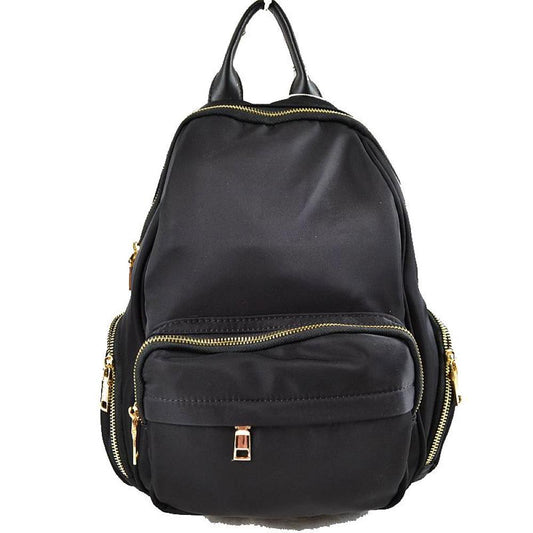 Black This practical backpack features a smooth, streamlined exterior designed for active everyday use. It offers ample storage compartments, including a spacious main section with a top curved zipper and a prominent front zippered pouch accented by a small metallic square detail. For added organization, matching zippered side pockets line the lower edges of the bag. The design is completed with a smooth top loop handle for quick carrying
