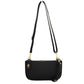 Black This versatile everyday bag features a compact pebbled textured body with a slightly curved base silhouette. Designed for organized daily or evening use, the main storage compartment is secured by a top zipper closure and accented with a small decorative metallic turn-lock detail on the side panel. It offers multiple carrying options, equipped with a long, adjustable crossbody shoulder strap and a shorter matching wristlet loop
