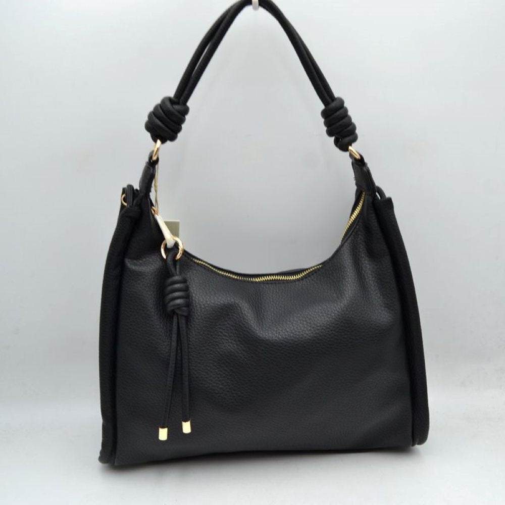 Black Bring a perfect blend of relaxed style and modern sophistication to your wardrobe with this slouchy hobo shoulder bag. Crafted with a premium pebble-grain textured exterior, this everyday handbag features unique coiled knot accents on the shoulder strap and a matching decorative hanging tassel for a contemporary touch. Designed to comfortably rest on your shoulder or slip onto your forearm, it opens up to a roomy main compartment ideal for organizing your phone, wallet, cosmetics