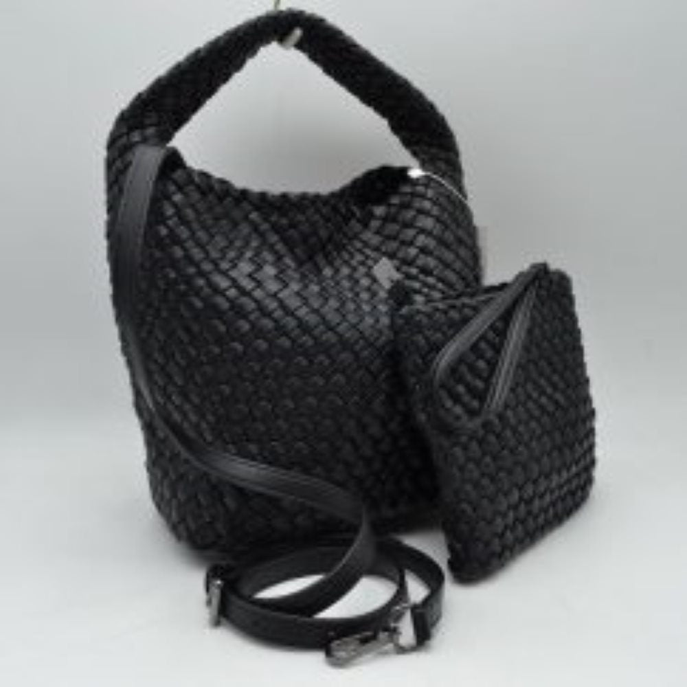 Black This stylish everyday hobo bag features an all-over classic basket weave design and a slouchy silhouette. It is crafted with a seamless, integrated wide top handle that transitions directly into the main storage compartment for comfortable hand or shoulder carrying.