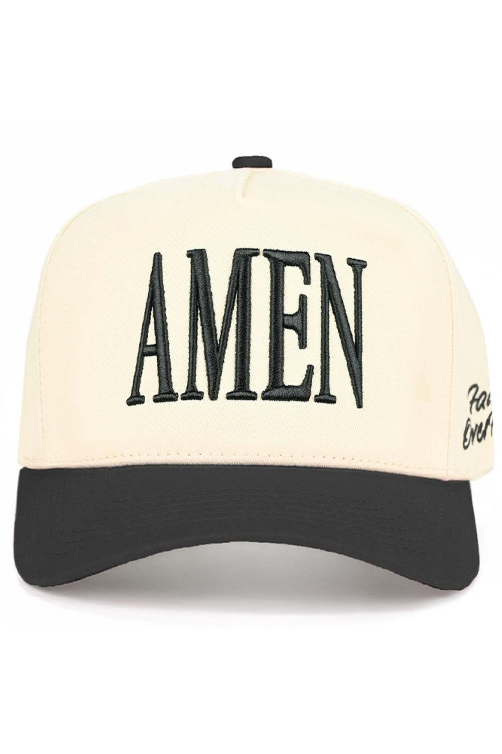 Black Embrace faith over fear with this striking C.C AMEN embroidered trucker hat. Featuring bold two-tone styling and classic snap back closure, it's designed for everyday wear and spiritual expression. Crafted from 100% cotton for breathability and comfort, this one-size-fits-all cap has a 22.5" circumference that adjusts to most head sizes. The structured trucker silhouette offers excellent sun protection and a timeless look. Made in Vietnam with quality construction that lasts. Perfect for those seeking