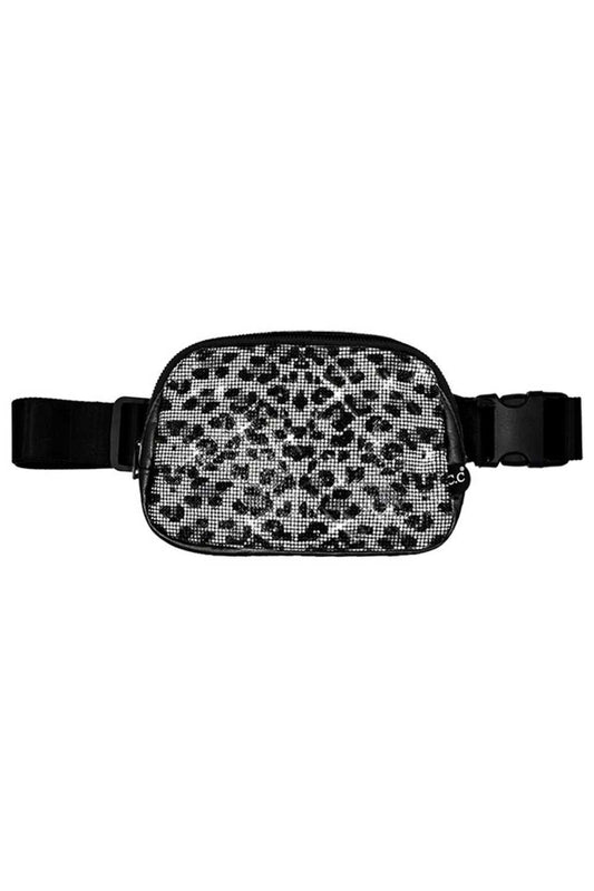 Black Elevate your everyday carry with this eye-catching C.C Animal Print Rhinestone Crossbody Fanny Pack. Featuring a bold animal print design adorned with sparkling rhinestones, this compact pack combines style with functionality. The durable 50% PU and 50% polyester blend ensures lasting wear, while the crossbody strap keeps your essentials secure and hands-free. Perfect for festivals, travel, or casual outings, this 8.75" x 6" x 2" pack offers just enough space for your phone, keys, and small accessorie