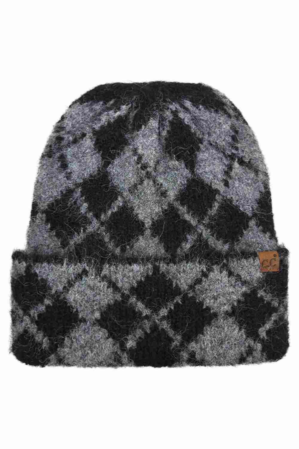 Black C.C Argyle Pattern Cuff Beanie Winter Hat features a classic argyle knit design with a cozy cuff for a timeless cold-weather look. Made with a soft stretch fit, it delivers warm comfort while adding subtle style to your everyday winter outfits.
