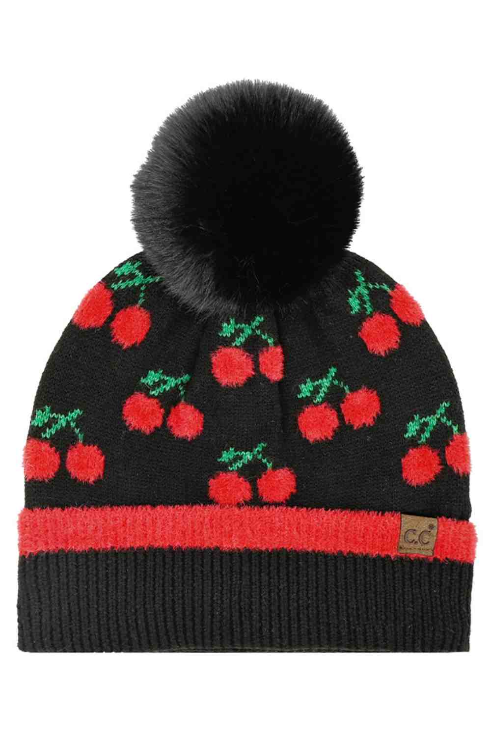 Black CC Beanie Cherry Pattern Pom Beanie Winter Hat features a cute cherry knit design topped with a fluffy pom for a playful, cozy cold-weather look. Made with a soft stretch fit, it keeps you warm and comfortable while adding charming style to your winter outfits.