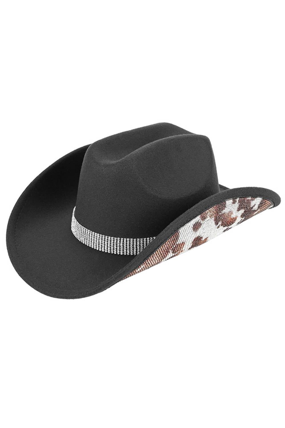 Black Make a statement with this eye-catching C.C Leopard Pattern Rhinestone Felt Cowboy Hat. Crafted from 100% polyester vegan felt, it features a bold leopard print adorned with sparkling rhinestones for added glamour. The structured design includes a 3.5" brim and 5" crown, with a comfortable 22.63" circumference that fits most head sizes. Perfect for adding Western flair to any outfit, whether you're hitting the rodeo or embracing cowboy-chic style. One size fits all.