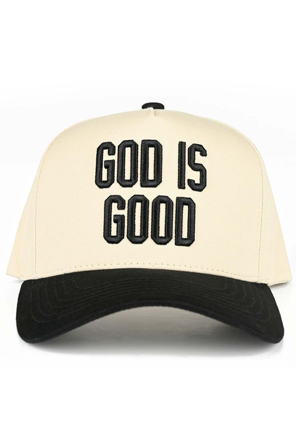 Black Elevate your everyday style with this classic two-tone trucker hat featuring "GOD IS GOOD" embroidered lettering. Crafted from 100% cotton for breathability and comfort, this snapback design offers a one-size-fit-all approach with a 22.5" circumference. Perfect for casual outings, outdoor activities, or making a faith-inspired statement. The structured trucker silhouette provides excellent sun protection while maintaining a timeless, versatile look that pairs effortlessly with any wardrobe. Made in Vi