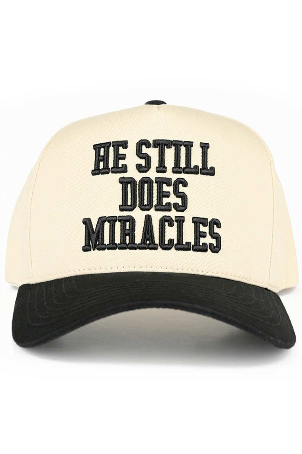 Black C.C HE STILL DOES MIRACLES Embroidered Letter Two Tone Baseball Cap Trucker Hat Snap back closure for adjustable fit. Crafted from 100% cotton for breathability and comfort. Features embroidered lettering on a classic two-tone design. One size fits most with a 22.5" circumference.&nbsp;